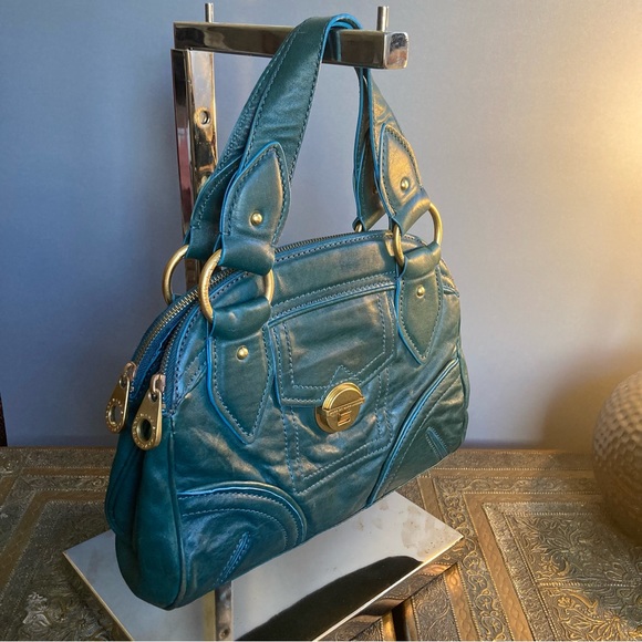 Marc by Marc Jacobs satchel leather plaid lining compartments green gold - Picture 11 of 16